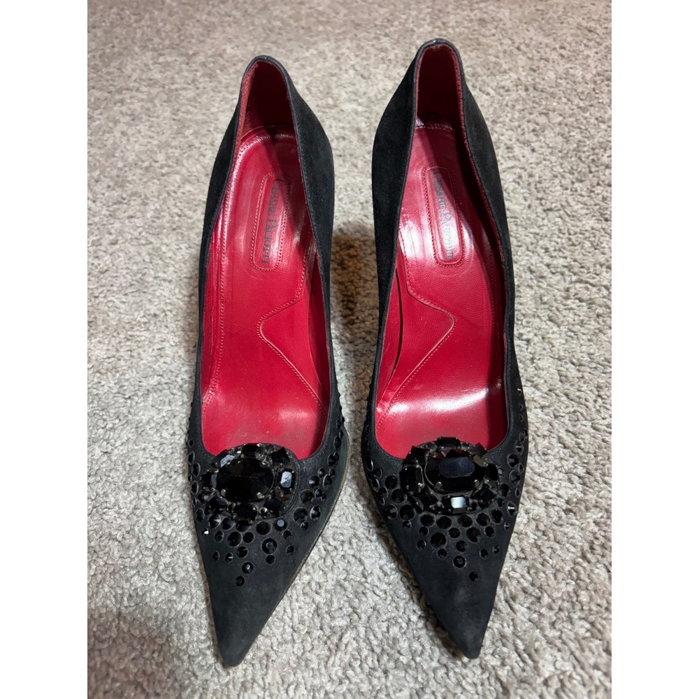 Cesare Paciotti Black Suede Crystal Embellished Pointed Toe Pumps Red Sole 37